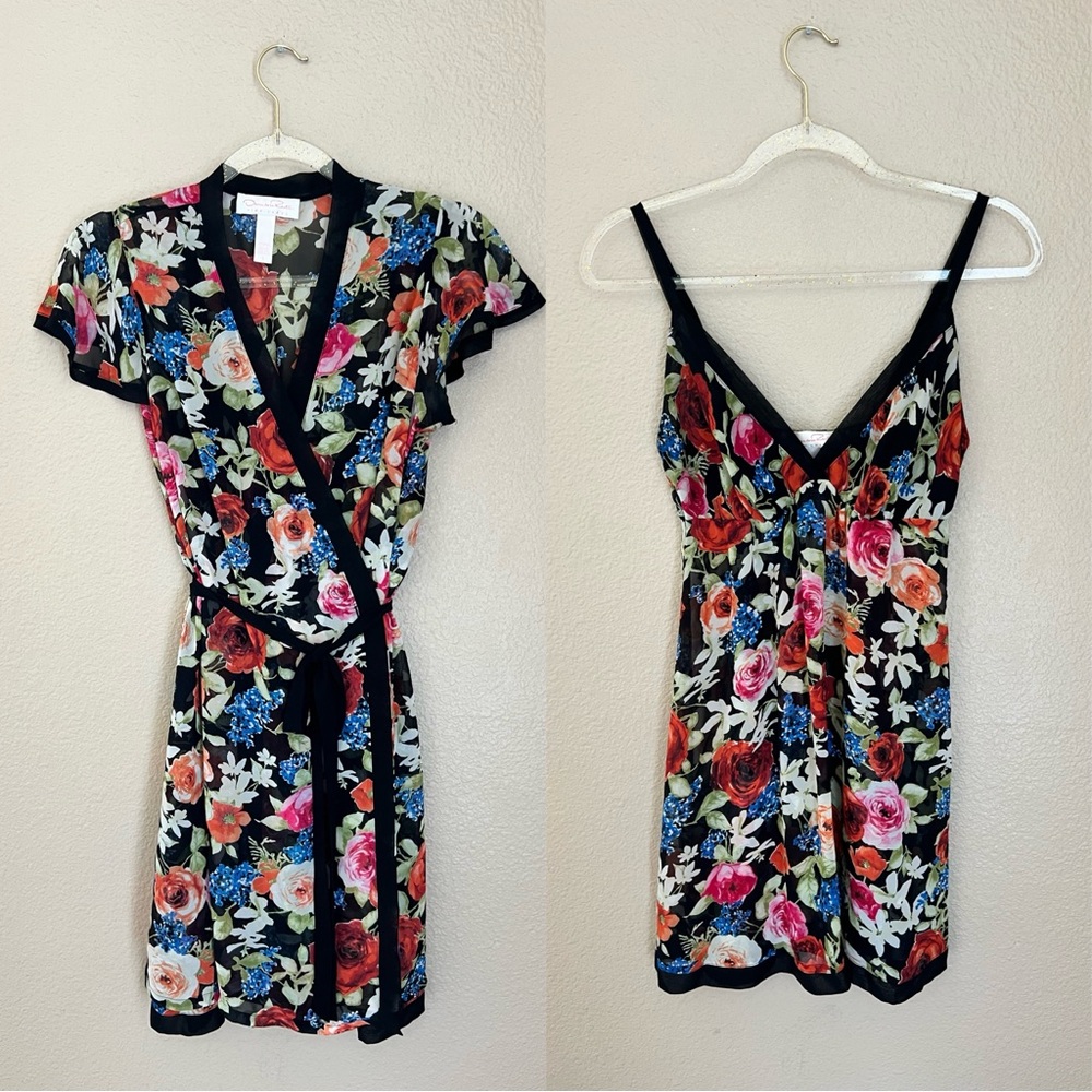 Oscar de la Renta Pink Label Floral Wrap Robe & Slip Dress Set Size S